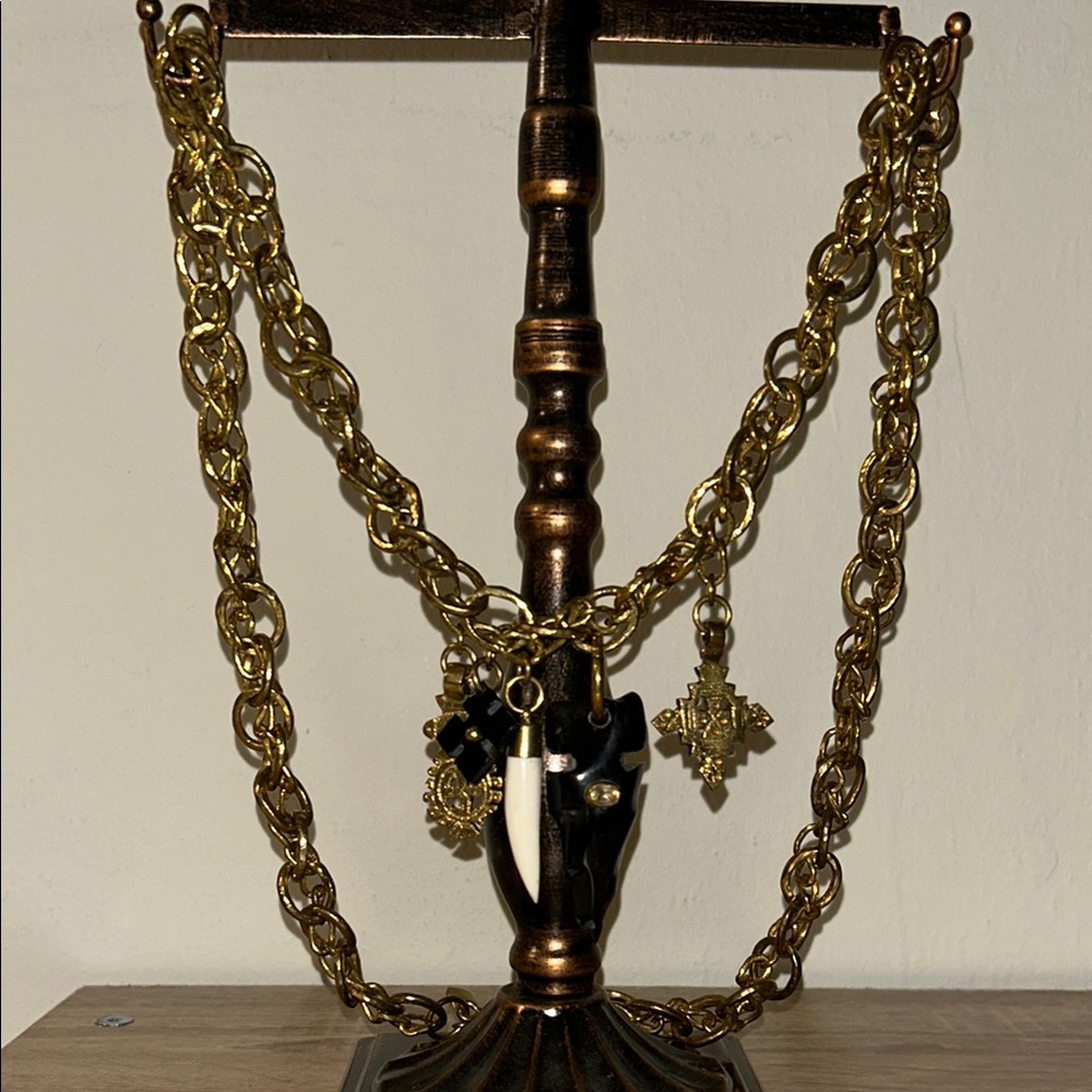 Ashley Pittman hammered brass bold double chain link Necklace with 5 Pendants